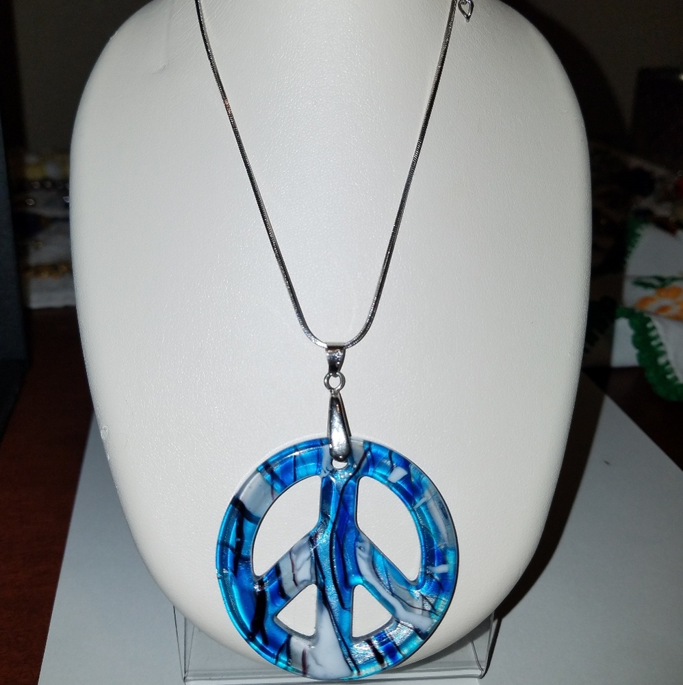Art glass pendent 18k GP necklace silver tone